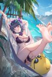  1girl :3 absurdres animal_ears arm_behind_head armpits arms_up ass azur_lane barefoot beach bikini blue_hair breasts cat_ears cheshire_(azur_lane) cheshire_(summery_date!)_(azur_lane) chinese_commentary choker cleavage cliff closed_eyes closed_mouth commentary_request crossed_legs eyewear_on_head fake_animal_ears feet foot_focus frilled_hairband frilled_ribbon frills garter_straps hairband hammock highres large_breasts legs legs_up lying manjuu_(azur_lane) multicolored_hair neck_ribbon ocean official_alternate_costume on_back palm_tree purple_bikini purple_choker purple_garter ribbon ribbon_choker sand see-through see-through_shirt short_hair smile soles solo strapless strapless_bikini streaked_hair sunglasses swimsuit thigh_strap tinted_eyewear toes tree two-tone_hair water xiaoguolidun 