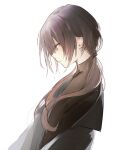  1girl black_hair black_jacket black_shirt brown_eyes closed_mouth hair_between_eyes hair_over_shoulder jacket long_hair looking_away looking_down low_twintails lpip original shirt simple_background smile solo twintails white_background 