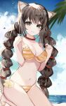  1girl animal_ears bare_shoulders beach bikini borrowed_character breasts brown_eyes brown_hair cleavage cloud collar collarbone commission day highres long_hair looking_at_viewer medium_breasts navel ocean original outdoors palm_tree red_collar sandals seiza sitting skeb_commission smile solo sonna_banana stomach strap_pull striped striped_bikini swimsuit tree twintails underboob very_long_hair wardrobe_malfunction yellow_bikini 