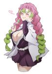  1girl absurdres belt braid breasts cleavage closed_eyes closed_mouth demon_slayer_uniform gradient_hair green_hair hands_up haori heart highres japanese_clothes kanroji_mitsuri kimetsu_no_yaiba large_breasts long_hair mole mole_under_eye multicolored_hair multiple_braids nijizuki_shino partially_unbuttoned pink_hair simple_background solo spoken_heart tri_braids white_background white_belt 