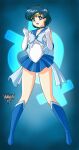  1girl :d absurdres back_bow bishoujo_senshi_sailor_moon blue_background blue_bow blue_choker blue_eyes blue_footwear blue_hair blue_sailor_collar blue_skirt boots bow choker danmakuman elbow_gloves full_body gloves hands_up happy highres leotard looking_at_viewer magical_girl mercury_symbol miniskirt mizuno_ami open_mouth parted_bangs pleated_skirt sailor_collar sailor_mercury sailor_senshi_uniform short_hair signature skirt smile solo standing star_(symbol) star_choker super_sailor_mercury white_gloves white_leotard 