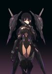  1girl absurdres alice_gear_aegis black_background black_hair breasts covered_navel crossed_legs dual_wielding gun hair_behind_ear highres holding holding_gun holding_weapon ishiyumi kagome_misaki long_hair mecha_musume medium_breasts mole mole_under_eye purple_eyes solo weapon 