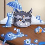  3_eyes anthro cyg_2004 desk eyebrows fur furniture goo_creature grey_body grey_fur group lifewonders male multi_eye one_eye_closed slime solo table thick_eyebrows tokyo_afterschool_summoners tsathoggua tusks umbrella 