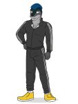  3:4 anthro blue_mohawk clothed clothing footwear full-length_portrait fully_clothed fuze hi_res leopard_seal male mammal marine mohawk pantherwave41_(character) pinniped portrait seal shoes simple_background solo tracksuit white_background 