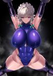  absurdres armpits blue_leotard bow braid breasts covered_nipples expressionless gloves green_bow grey_hair highres izayoi_sakuya large_breasts latex latex_gloves leotard maid_headdress medium_hair purple_eyes restrained sinkai steaming_body taimanin_(series) taimanin_suit thick_thighs thighs touhou twin_braids 