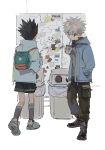  2boys 4sssst absurdres alternate_costume backpack bag baggy_pants black_hair cup disposable_cup drinking_straw full_body gon_freecss highres holding holding_cup hunter_x_hunter jacket killua_zoldyck long_sleeves looking_at_viewer male_child male_focus multiple_boys pants short_hair shorts simple_background spiked_hair sticker trash_can white_background white_hair white_jacket 