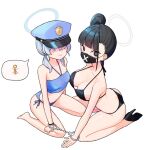  2girls absurdres bandeau bare_legs bikini black_bikini black_hair black_mask blue_archive blue_bandeau blue_bikini blue_hair breasts chuo8008 cleavage collarbone hair_over_eyes halo halterneck hat high_heels highres large_breasts light_blue_hair looking_at_viewer mask mouth_mask multiple_girls peaked_cap shared_handcuffs side_ponytail simple_background small_breasts speech_bubble string_bikini sukeban_(smg)_(blue_archive) swimsuit twintails valkyrie_police_academy_student_(blue_archive) white_background x 