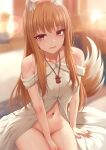  1girl animal_ears bare_shoulders blush brown_hair collarbone dress english_commentary ginhaha highres holo long_hair looking_at_viewer navel off-shoulder_dress off_shoulder red_eyes solo spice_and_wolf tail wolf_ears wolf_girl wolf_tail 