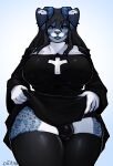  absurd_res anthro big_breasts blue_body blue_fur bovid breasts bulge caprine clothing cotard felid fur goat gynomorph hi_res horn huge_breasts hybrid intersex latex mammal nun nun_outfit pantherine panties presenting sein_kraft snow_leopard solo underwear 