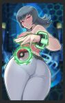  1girl absurdres artsheops ass bare_arms bare_shoulders blue_hair breasts crop_top dark_blue_hair flipped_hair highres large_breasts midriff pants pink_shirt pokemon pokemon_(game) pokemon_hgss red_eyes sabrina_(pokemon) shirt sleeveless sleeveless_shirt solo spaghetti_strap telekinesis white_pants 