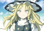  1girl black_headwear black_vest blonde_hair bow braid closed_mouth hat hat_bow inuno_rakugaki kirisame_marisa light_smile long_hair looking_at_viewer portrait shirt short_sleeves single_braid solo straight-on touhou vest white_bow white_shirt witch_hat yellow_eyes 