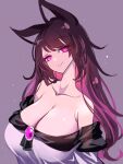  1girl absurdres animal_ears breasts brown_hair cleavage closed_mouth commentary grey_background highres huge_breasts imaizumi_kagerou long_hair looking_at_viewer off_shoulder raptor7 red_eyes simple_background smile solo symbol-only_commentary touhou upper_body wolf_ears wolf_girl 