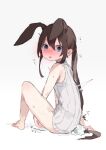  1girl amiya_(arknights) animal_ears arknights bare_shoulders barefoot blue_collar blush bottomless brown_hair caught collar ears_down extra_ears female_masturbation full_body grey_shirt jewelry long_hair looking_at_viewer low_ponytail masturbation motion_lines neck_ring object_insertion rabbit_ears rabbit_girl rabbit_tail ribbed_shirt sex_toy shirt simple_background sketch sleeveless sleeveless_shirt solo sweat tail thighs trembling unitedunti vaginal vaginal_object_insertion very_long_hair white_background white_shirt 