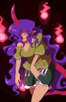  1girl breasts cleavage clothes_writing earrings green_shirt green_shorts highres horns jewelry long_hair open_mouth pointy_ears purple_hair quarium red_eyes red_horns shirt short_sleeves shorts single_earring single_horn smile solo staring tail tenkajin_chiyari touhou unfinished_dream_of_all_living_ghost 