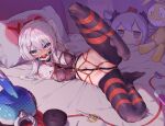  1girl absurdres ball_gag bare_shoulders bdsm black_thighhighs blue_eyes bondage bound flower full_body gag gagged hair_flower hair_ornament heart heart-shaped_pupils highres honkai_(series) honkai_impact_3rd long_hair looking_at_viewer nipple_clamps no_shoes restrained scissors shibari shibari_over_clothes solo symbol-shaped_pupils theresa_apocalypse thighhighs white_hair xiongmao 