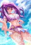  1girl bare_legs bare_shoulders beach bikini blush breasts fate/grand_order fate_(series) flower hair_flower hair_ornament highres large_breasts looking_at_viewer miniskirt navel pennosuke purple_bikini purple_hair red_eyes scathach_(fate) scathach_(fire_emblem) skirt smile solo splashing stomach swimsuit thighs twintails water 
