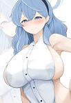  1girl absurdres ako_(blue_archive) black_hairband blue_archive blue_eyes blue_hair blue_halo blush breasts buttons closed_mouth hair_between_eyes hairband halo highres large_breasts long_hair poolpool revision shirt sideboob simple_background sleeveless sleeveless_shirt solo upper_body white_background white_shirt zoom_layer 