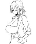  1girl breasts cleavage collarbone greyscale huge_breasts monochrome original ponytail ricochet-gou simple_background sketch solo white_background 
