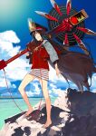  barefoot brown_hair cloud cloudy_sky fate/grand_order fate_(series) hat jacket long_hair looking_at_viewer oda_nobunaga_(fate) oda_nobunaga_(swimsuit_berserker)_(fate) official_art pako_(pakosun) red_eyes red_jacket sky very_long_hair weapon 