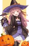  2girls :d atelier_(series) atelier_ayesha atelier_lydie_&amp;_suelle black_headwear black_jacket blush bow brown_eyes closed_mouth cosplay cowboy_shot dress frilled_dress frills hand_on_own_hip hat hat_bow highres in-franchise_crossover jack-o&#039;-lantern jacket long_hair long_sleeves looking_at_viewer multiple_girls one_eye_closed open_mouth orange_bow pink_eyes pink_hair print_headwear purple_dress smile standing star_(symbol) star_print suelle_marlen thighhighs wide_sleeves wilbell_voll-ersleid wilbell_voll-ersleid_(cosplay) witch witch_hat yanu 