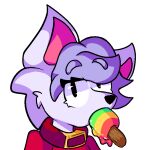  1:1 2023 aliasing alpha_channel anthro canid canine collar digital_media_(artwork) eyebrows eyelashes food fox fur gem_(gemon) gemon girly hair looking_at_viewer male mammal melting open_mouth outline pink_body popsicle portrait purple_hair raised_eyebrows shaded smile smirk solo white_outline 
