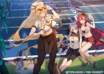  3girls arm_support blonde_hair bottle breasts britomart_(fate) cleavage commentary_request day fairy_knight_gawain_(fate) fairy_knight_tristan_(fate) fate/grand_order fate_(series) green_eyes hair_between_eyes hand_on_own_hip holding holding_phone hxxg large_breasts long_hair looking_at_viewer medium_breasts multiple_girls navel official_art outdoors phone pointy_ears ponytail red_hair short_sleeves shorts sitting smile standing sunglasses track_and_field twintails very_long_hair water_bottle white_hair zipper zipper_pull_tab 
