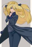  1girl absurdres black_coat black_pants blonde_hair breasts cleavage coat cynthia_(pokemon) eyelashes eyes_visible_through_hair finger_to_mouth floating_hair fur_collar fur_trim grey_background grey_eyes hair_ornament hair_over_one_eye highres long_hair looking_at_viewer pants pokemon pokemon_(game) pokemon_dppt sarasa_dry simple_background solo 