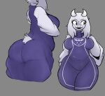  anthro big_breasts big_butt boss_monster bovid breasts butt caprine clothed clothing dress eyelashes fangs female floppy_ears front_view fur goat grey_background hi_res horn huge_butt lop_ears mammal medlinss navel_outline open_mouth open_smile purple_clothing purple_dress rear_view red_eyes sharp_teeth simple_background smile solo teeth thick_thighs toriel undertale undertale_(series) white_body white_fur wide_hips 