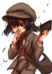  1girl angry bag black_hair brown_headwear brown_jacket brown_shorts cabbie_hat feathers flat_cap hat highres holding holding_notebook jacket looking_at_viewer matsukuzu messenger_bag necktie nib_pen_(object) no_wings notebook pen pointy_ears red_eyes red_necktie shameimaru_aya shameimaru_aya_(newsboy) shirt short_hair shorts shoulder_bag solo suit_jacket touhou white_background white_shirt 