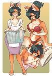  4_fingers 4_toes anthro apron big_breasts black_hair black_nose bottomwear bra breasts camel_toe canid canine cleavage clothed clothing digital_media_(artwork) eyebrows eyelashes eyes_closed feet female fingers fox fullpillow_(artist) fur green_eyes hair hair_bun hi_res holding_object huge_breasts inner_ear_fluff laundry laundry_basket lingerie long_hair looking_at_viewer mamang_(fullpillow_(artist)) mammal mature_anthro mature_female midriff multicolored_body multicolored_fur navel open_mouth orange_body orange_fur panties pillow pink_clothing pink_shirt pink_tank_top pink_topwear red_bra red_clothing red_panties red_underwear shirt simple_background skirt smile smiling_at_viewer solo tail tan_body tan_fur tank_top toes topwear tuft two_tone_body two_tone_fur underwear undressing white_clothing white_shirt white_topwear 