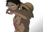  1boy abs black_hair brown_eyes hat hat_behind_back hat_on_back highres looking_at_viewer male_focus monkey_d._luffy nipples one_piece pectorals pinattsu scar scar_on_cheek scar_on_chest scar_on_face short_hair solo straw_hat toned toned_male topless_male upper_body white_background 