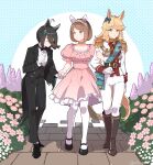  3girls absurdres ahoge aiguillette alternate_costume animal_ears arm_at_side arm_hug belt black_footwear black_hair black_jacket black_vest blonde_hair blush boots bow bowtie braid brown_footwear brown_hair bush choker closed_mouth crown_braid dress ear_bow epaulettes flower formal gold_city_(umamusume) green_eyes hair_between_eyes hairband hand_on_own_chest highres holding_hands horse_ears horse_girl horse_tail jacket loafers long_hair long_sleeves looking_at_another manhattan_cafe_(umamusume) mary_janes medal multiple_girls open_clothes open_jacket pant_suit pants pantyhose pink_dress shirt shoes short_hair smile standing suit tail twitter_username umamusume vest white_jacket white_pants white_pantyhose white_shirt yellow_eyes yuhkiano yukino_bijin_(umamusume) yuri 