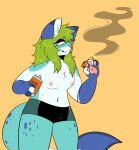  alcohol beverage black_clothing black_panties black_underwear blue_body blue_fur blue_spots breasts cigarette clothing fawnpawss female fur green_hair hair hi_res nipples panties pawpads pink_nipples pink_nose pink_pawpads spots underwear white_body white_fur yellow_eyes 