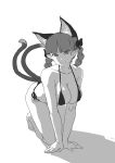  1girl absurdres all_fours animal_ears bikini black_bow blunt_bangs bow braid breasts cat_ears cat_tail cleavage closed_mouth commentary_request extra_ears eyebrows_hidden_by_hair greyscale hair_bow highres kaenbyou_rin large_breasts looking_at_viewer monochrome multiple_tails nekomata pointy_ears shadow shuchuu_(sake_bug) simple_background smile solo swimsuit tail touhou twin_braids two_tails white_background 