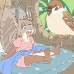  anthro avian bed bird clothed clothing duo ekaki510 exclamation_point feet female feral furniture humanoid_feet mammal oscine passerine plantigrade rodent sciurid sparrow tree_squirrel 