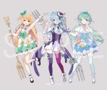  3girls asymmetrical_legwear black_corset black_footwear blonde_hair blue_eyes blue_hair blue_thighhighs corset elira_pendora finana_ryugu fork full_body gloves green_corset green_hair grey_background hair_over_one_eye hand_on_own_cheek hand_on_own_face head_wings holding holding_fork lazulight long_hair low_twintails low_wings mary_janes mismatched_legwear multiple_girls nijisanji nijisanji_en official_art one_eye_closed one_side_up open_mouth pointy_ears pomu_rainpuff puffy_short_sleeves puffy_sleeves purple_eyes red_eyes sample_watermark shoes short_sleeves simple_background smile socks standing standing_on_one_leg thighhighs tobi_(kotetsu) twintails watermark white_footwear white_gloves white_socks wings 