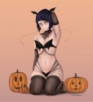  1girl arm_up armpits audio_jack bikini black_bikini black_eyes black_hair black_thighhighs black_wings boku_no_hero_academia breasts closed_mouth dismaiden elbow_gloves gloves head_wings highres jack-o&#039;-lantern jirou_kyouka kneeling long_earlobes navel short_hair skindentation small_breasts smile solo swimsuit thighhighs wings 
