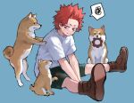  1boy animal blue_background boku_no_hero_academia boots brown_footwear closed_mouth commentary dog full_body kirishima_eijirou male_focus mouth_hold red_eyes red_hair shiba_inu shirt short_hair short_sleeves shorts simple_background sitting smile spiked_hair spoken_squiggle squiggle symbol-only_commentary white_shirt zonozonotk 