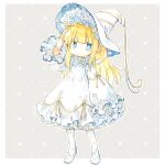  1girl alternate_costume arm_up blonde_hair blue_eyes blunt_bangs border commentary_request copyright_name dated_commentary dress frilled_dress frilled_sleeves frills full_body grey_background hat hat_ribbon long_hair long_sleeves looking_at_viewer madou_monogatari outside_border pantyhose pout print_pantyhose puffy_long_sleeves puffy_sleeves puyopuyo rakuni ribbon romaji_text sidelocks sleeves_past_wrists solo standing star_(symbol) star_print two-sided_fabric two-sided_headwear white_border white_dress white_footwear white_headwear white_pantyhose witch_(puyopuyo) witch_hat 