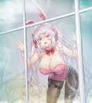  1girl :d absurdres against_glass against_window animal_ears bent_over bow bowtie breasts cleavage collar commission detached_collar frills grey_hair hair_between_eyes hand_on_glass hands_up highres indie_virtual_youtuber kiyama_satoshi large_breasts leaning_forward leotard long_hair looking_at_viewer looking_through_window maid_headdress meichan_(mingming) open_mouth pantyhose pink_leotard playboy_bunny rabbit_ears red_bow red_bowtie red_eyes redcircle skeb_commission skindentation smile solo standing thigh_strap through_window twintails very_long_hair virtual_youtuber window wrist_cuffs 