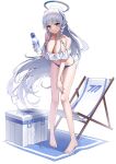  1girl absurdres bare_legs bare_shoulders barefoot bikini blue_archive blue_bikini blush bottle braid breasts cleavage closed_mouth collarbone grey_hair halo highres holding holding_bottle large_breasts leaning_forward long_hair looking_at_viewer mechanical_halo noa_(blue_archive) purple_eyes sbgu shadow simple_background smile solo standing swimsuit twin_braids white_background 