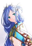  1girl blue_eyes blue_hair crown dana_(ys) hair_rings highres konohannunopencil long_hair looking_at_viewer no_bra simple_background smile solo swept_bangs upper_body white_background ys ys_viii_lacrimosa_of_dana 