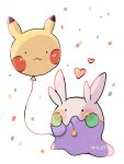  animal_focus balloon character_balloon colored_skin commentary_request confetti goomy hanabusaoekaki heart highres no_humans pikachu pokemon pokemon_(creature) purple_skin simple_background slug white_background 