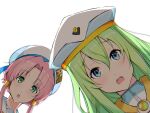  2girls alice_carroll andanden aria aria_company_uniform beret blue_eyes blurry blurry_background green_eyes hair_between_eyes hat hat_ribbon highres long_hair looking_at_viewer mizunashi_akari multiple_girls open_mouth orange_planet_uniform parted_bangs pink_hair ribbon shadow short_hair_with_long_locks sidelocks simple_background surprised teeth upper_teeth_only white_headwear 