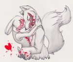  &lt;3 anthro blood blood_on_clothing blood_on_face blood_on_fur blood_on_mouth blood_splatter bodily_fluids canid canine clothing coat creepy_smile dipstick_tail duo embrace eye_contact eyes_closed female fox fur graphite_(artwork) lab_coat lagomorph leporid looking_at_another male male/female mammal markings pencil_(artwork) predator/prey pyropelove413 rabbit red_(rq) romantic romantic_couple ruby_(rq) ruby_quest simple_background smile spot_color tail tail_markings topwear torn_clothing traditional_media_(artwork) white_background 