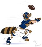  2022 anthro armor binturongboy bottomwear broken_helmet brown_body brown_fur cleats clenched_teeth clothing fingerless_gloves football_(object) football_gear football_helmet football_jersey football_pants football_player football_uniform footwear fur gloves growth handwear headgear helmet hi_res human_to_anthro jersey male mammal mascot nfl pants pheagle procyonid raccoon running simple_background socks solo species_transformation t-rac tail_growth_in_pants teeth tennessee_titans torn_clothing transformation white_background 