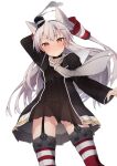  1girl amatsukaze_(kancolle) arm_behind_head ass_visible_through_thighs belt black_belt black_dress black_garter_straps black_jacket black_panties blush brown_eyes closed_mouth dress garter_straps grey_hair grey_neckerchief hair_tubes highres jacket kantai_collection long_hair long_sleeves looking_at_viewer looking_down neckerchief open_clothes open_jacket panties pleated_dress sailor_collar sailor_dress see-through see-through_dress short_dress smoke smoke_heart smokestack_hair_ornament solo striped striped_thighhighs thighhighs two_side_up underwear upskirt white_sailor_collar zetsuriinu_(kairyougata) 