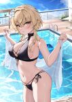  1girl absurdres bare_arms bare_shoulders bikini black_bikini blonde_hair blue_sky cloud commentary_request cowboy_shot day flower genshin_impact hair_flower hair_ornament highres long_hair lumine_(genshin_impact) navel pool radoremo sky solo standing stomach swimsuit thighs water white_flower yellow_eyes 