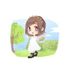  1girl :3 armlet black_footwear blush breasts brown_eyes brown_hair chibi collarbone commentary_request dress flower head_wreath highres holding holding_flower kashikaze kusuda_aina long_hair looking_at_viewer medium_breasts open_mouth outdoors outline real_life sidelocks sleeveless sleeveless_dress smile solo teeth upper_teeth_only voice_actor white_dress white_outline 