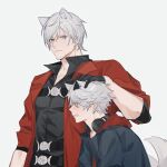  2boys animal_ears belt_bra bishounen black_gloves blue_eyes cat_boy cat_ears cat_tail coat dante_(devil_may_cry) devil_may_cry_(series) devil_may_cry_4 fingerless_gloves gloves highres jacket jin_(zhaomu_u) long_hair multiple_boys nero_(devil_may_cry) pale_skin petting red_coat tail uncle_and_nephew white_hair 